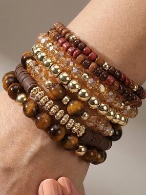 Anthropologie Layered Brown, Gold & Amber Color Bead Bracelet Set